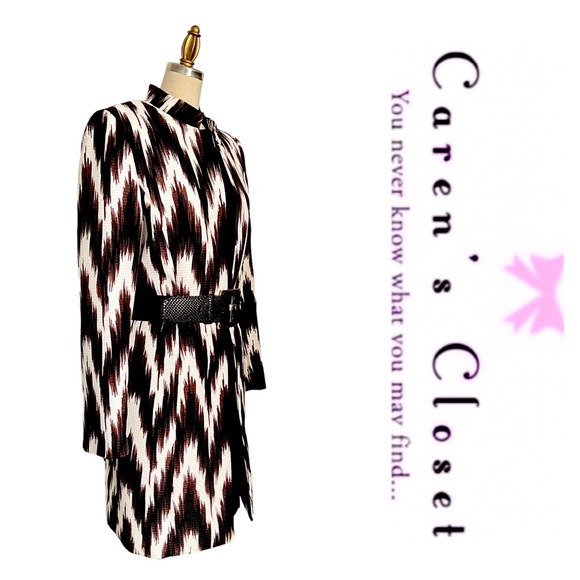 Tahari Chocolate Brown & White Modern Print Long BlazerJacket - Picture 9 of 9